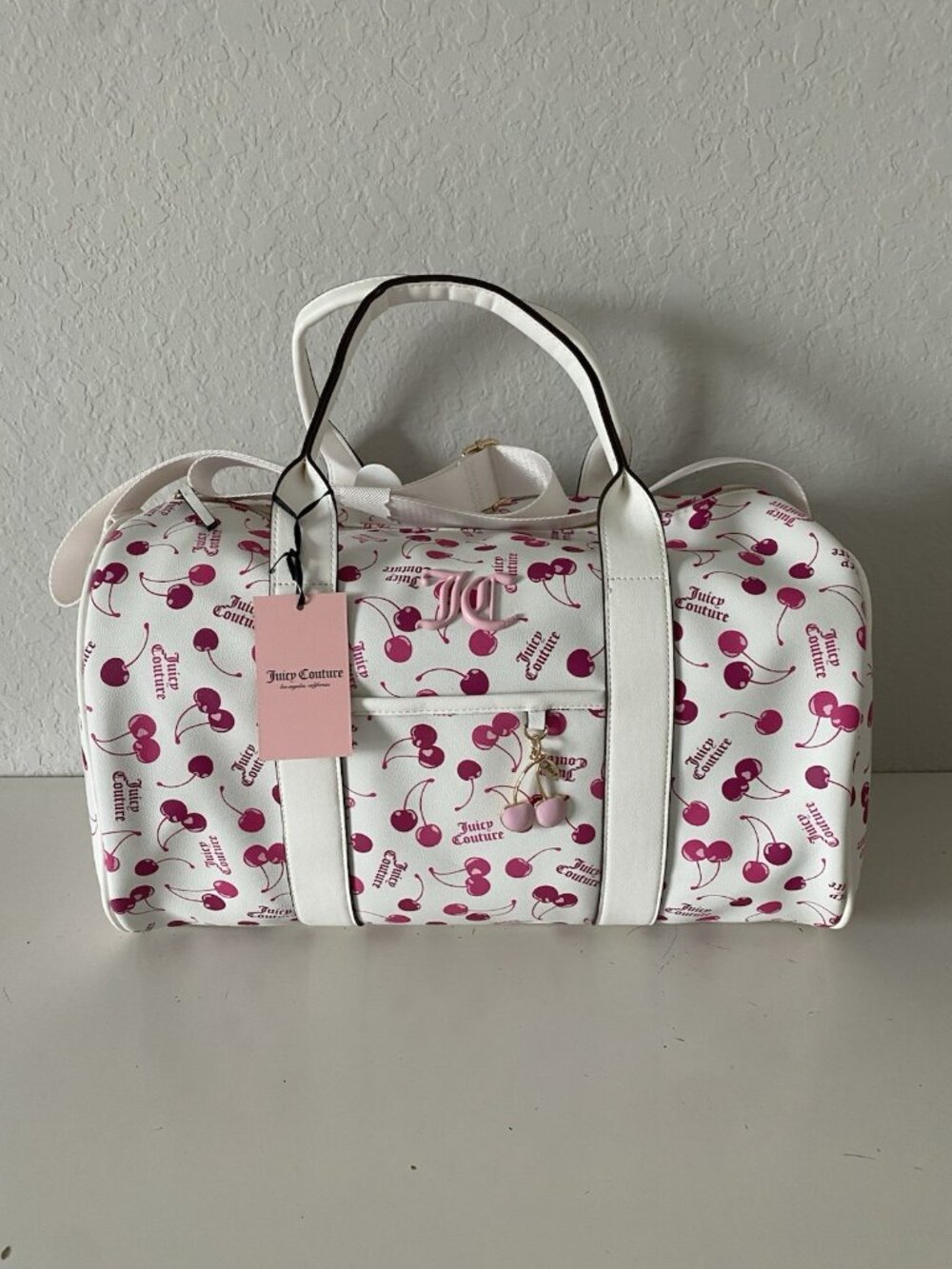 Juicy Couture Cherry On Top White Multi Weekender Duffel Bag Cherries Charm NEW